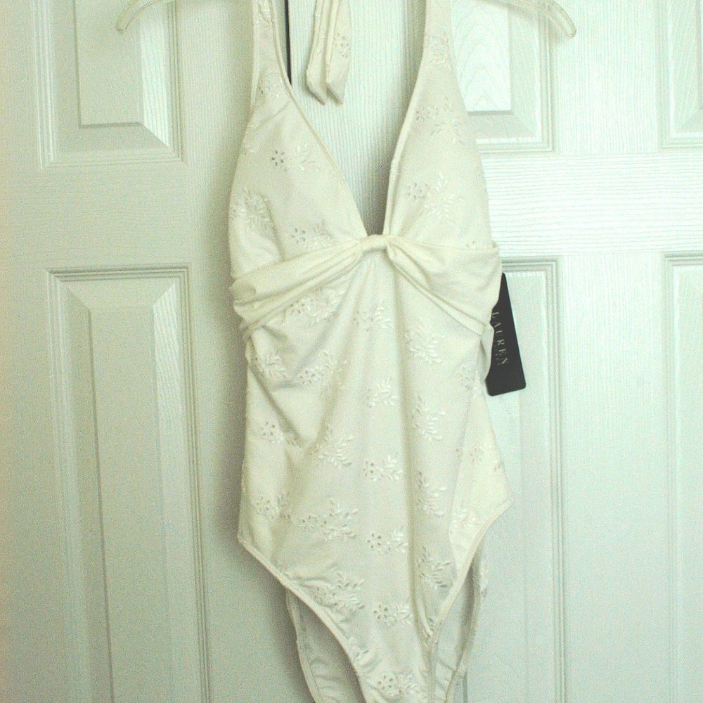 NWT Ralph Laren white eyelet one piece swimsuit size 14.